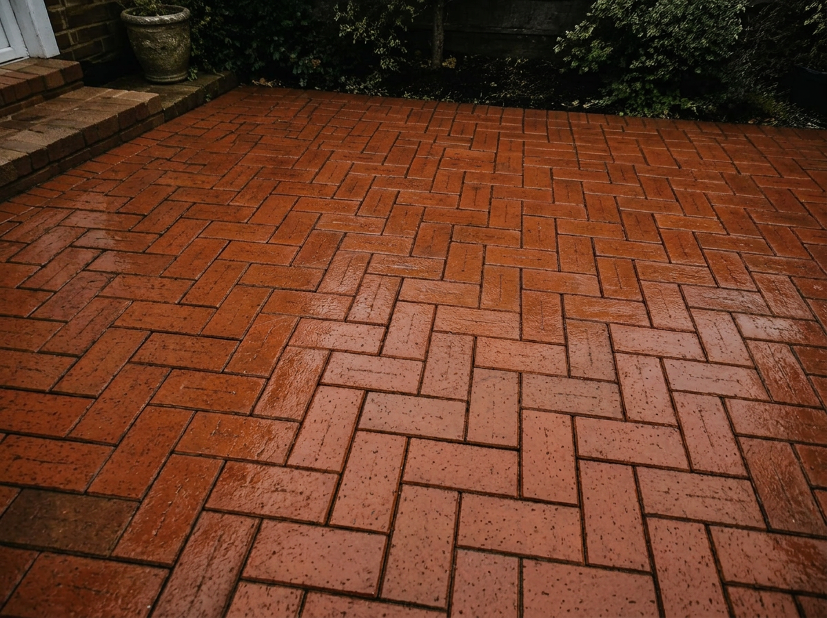 After: freshly cleaned brick paver patio